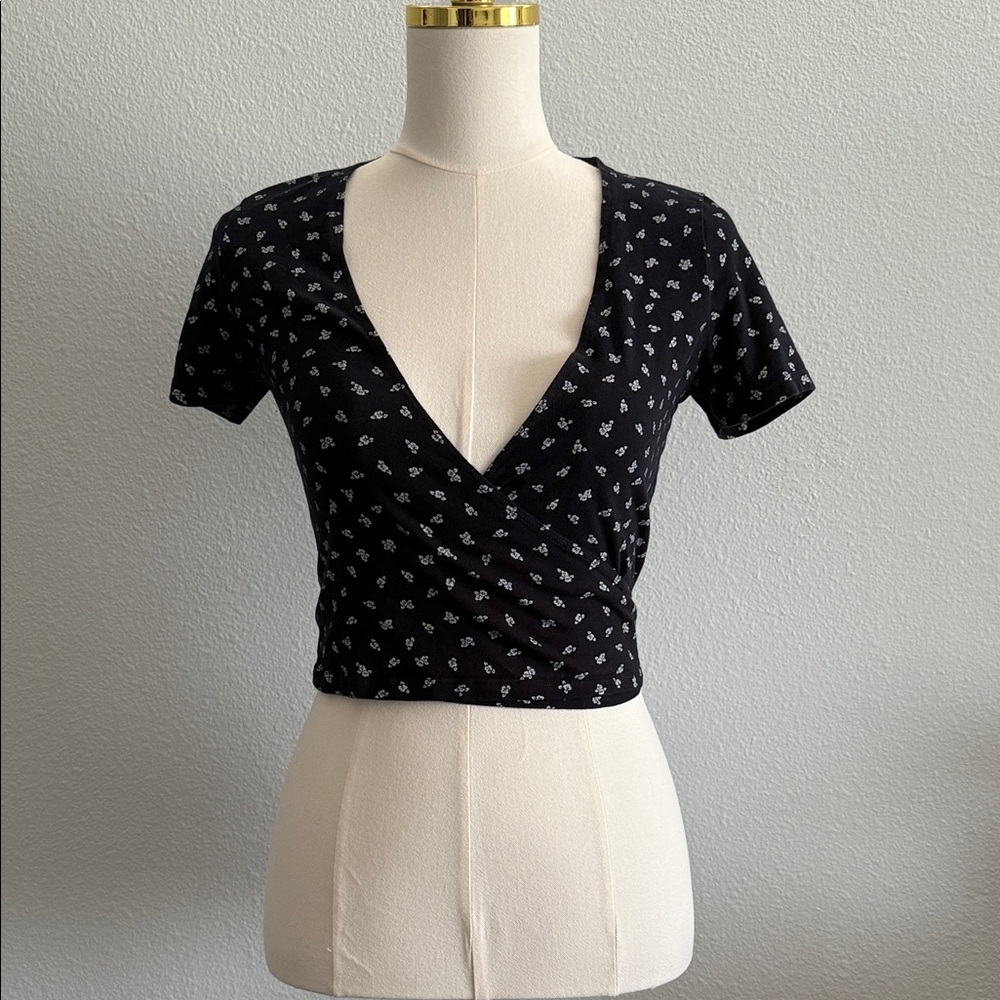 Brandy Melville Navy Floral Wrap Crop Top